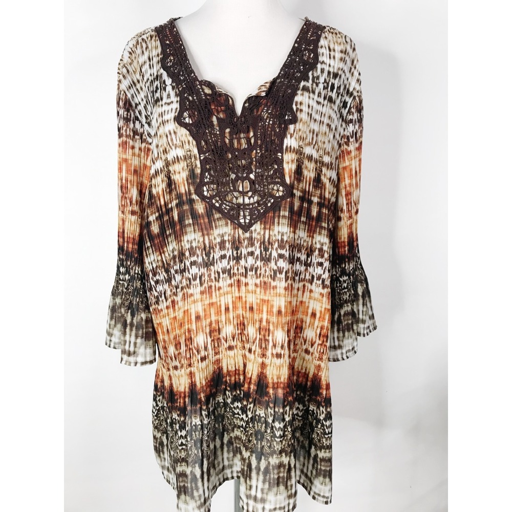 Catherines Top Womens 5X Brown Striped Crinkle Gauzy Crochet Abstract Peasant